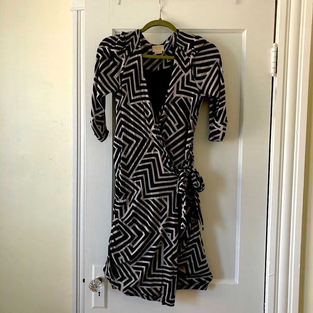 Anthro black geometric wrap dress